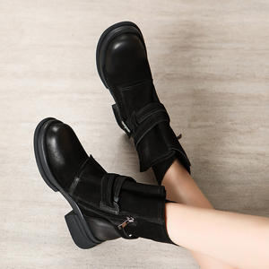 Bottines d'hiver de luxe en cuir de vachette style rétro britannique, confortables, grandes tailles, fermeture éclair, antidérapantes, talon fourré, style western, noires - Product Image 4