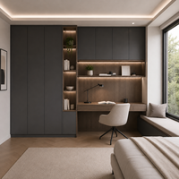 Armoires de bureau gris anthracite avec bureau ton noyer, étagères lumineuses et zone de travail compacte