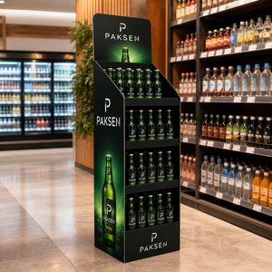 Expositor de suelo corrugado para botellas de cerveza, estante impreso de 4 niveles para botellas de bebidas, estantería promocional para pasillos de bebidas en supermercados - Product Image 1