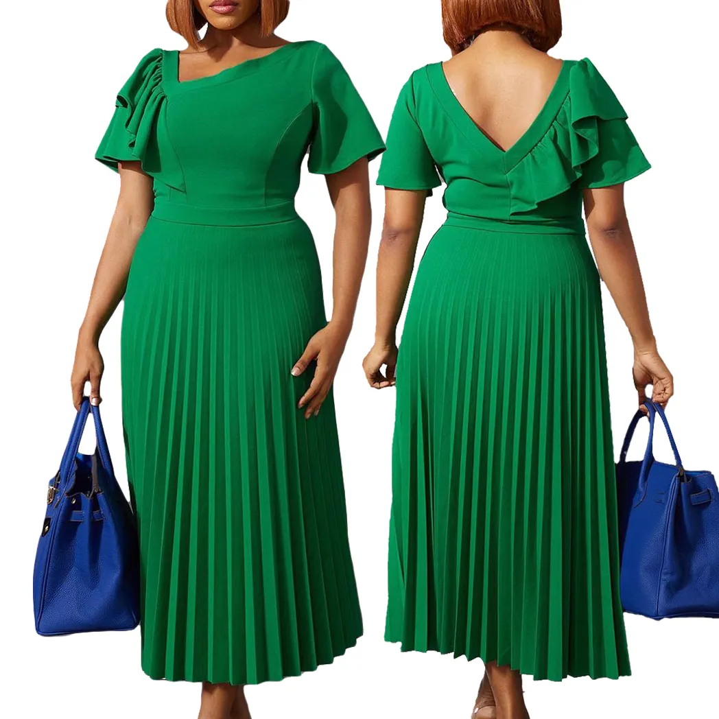 In stock supply Green color cute work dresses women office plus size maxi casual dress