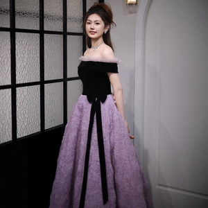 Purple Off The Shoulder Ball Gown Velvet Empire Waist Plus Size Evening Dress For Birthday Party Bride Art Exam Performance - Product Image 5