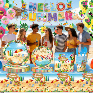 Decoraciones de Fiesta Temáticas de Playa Hawaiana para el Verano, 7 Piezas, Guirnalda de Papel, Platos, Vasos y Servilletas - Product Image 2