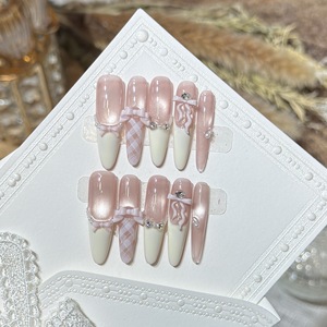 10 <span class=keywords><strong>Uñas</strong></span> Postizas Color Nude con Diseño de Ojo de Gato y Circonitas, Hechas a Mano, Forma Almendrada, para Salón, Manicura DIY, Etiquetas Personalizadas - Product Image 3