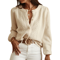 Automne hiver élégant couleur unie au crochet évider tricot femmes Cardigan décontracté simple boutonnage tricoté dame pull manteau