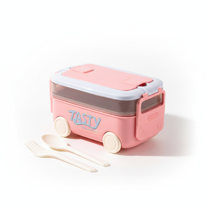 Stackable Bento Lunch Box 2-Layer with Plastic Lid Reusable Eco-Friendly Food Container with Cutlery for Kids Students - Product Image 1