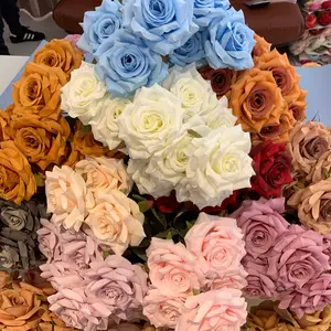 Novel Design Autumn Dusty Rust Blue Silk Rose Artificial Flowers Bouquet For Wedding Home Decoration Artificial Flower