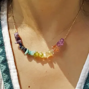 Kalung Manik-manik Batu Penyembuhan Chakra 7 Jimat Geometri Kristal Warna Pelangi Perhiasan Spiritual Boho Berlapis Emas untuk Wanita