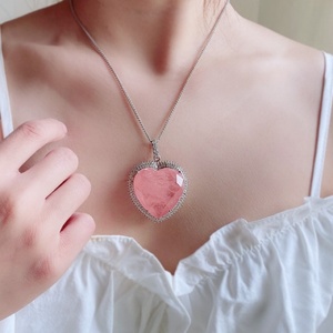 Fashion 32*32mm Pink Gem Retro Sweater <b>Chain</b> Jewelry Eco-friendly <b>Copper</b> Big Pink Heart Pendant Necklace for Female Daily Wear - Product Image 4