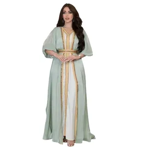 Penjualan laris mewah berlian modis terang sutra Dubai sifon longgar ukuran besar gaun malam Muslim Set tiga potong