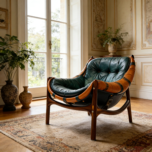 Sillón de Salón de Mediados de Siglo, Sillón de Cuero Marrón, Sillón Reclinable de Relajación, Sofá Individual para Sala de Estar, Sillón Vintage con Brazos de Madera - Product Image 3