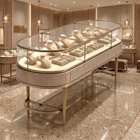 Table de présentation de bijoux ovale à texture côtelée, cadre or champagne, vitrine à bijoux en verre incurvé, comptoir de présentation de bijoux avec éclairage LED