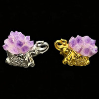 Vente en gros de grappes d'améthyste naturelle, sculptures en cristal d'éléphant, symbole de chance et de protection, ornement de bureau Feng Shui