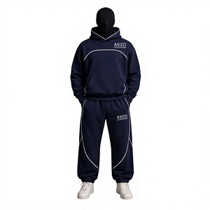 Men's Navy Sweat Suit Pullover Hoodie & Jogger Pants Midweight Contrast Piping Logo Front Custom Streetwear Loose Fit 2XL-6XL - Product Image 1