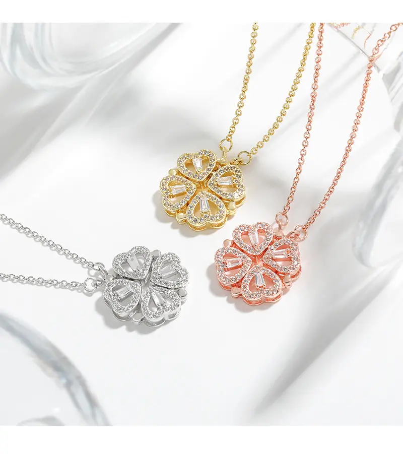 Transform Luxury Four Leaf Clover Pendant Necklace Stainless Steel Crystal Gold Color Heart Jewelry for Women Gift
