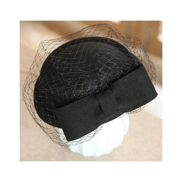 新しいブリティッシュスタイル秋レトログレースエレガントボウメッシュウールミックスツイードスチュワーデス女性シルクハットレディースカジュアルフラワーベレー帽