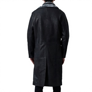 Abrigo Largo de Cuero Genuino para Hombre con Capucha, Solapa con Muescas, Cierre de Botón Sencillo, Grueso para Invierno - Product Image 2