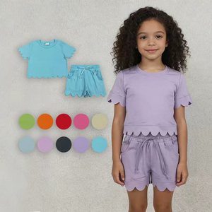 Ensembles de vêtements décontractés pour filles, style tendance, en coton, pour l'été, avec bordure festonnée, vente en gros, vêtements pour enfants, prix d'usine - Product Image 1