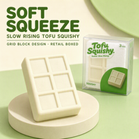 Jouet anti-stress souple en forme de bloc de tofu à remontée lente, motif quadrillé, pour enfants de 5 à 7 ans, non toxique, avec boîte de présentation transparente et plateau de présentation