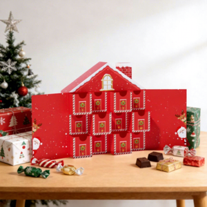 Calendrier de l'Avent de Noël pliable rouge en forme de maison avec 24 jours, impression quadricolore, recyclable, en carton cadeau auto-assemblant - Product Image 1