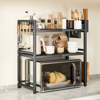 Étagère rétractable double couche en acier au carbone pour micro-ondes Étagère de rangement d'accessoires de cuisine avec porte-couteaux Porte-baguettes