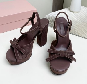 Lady's pink <b>bow</b> platform high-heeled <b>sandals</b>, suede ankle strap platform square-heeled <b>sandals</b>, suitable for social gatherings - Product Image 4