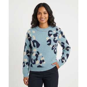 Suéter de punto grueso para mujer con estampado de leopardo en jacquard, cuello redondo, manga larga, cálido y casual para otoño - Product Image 1