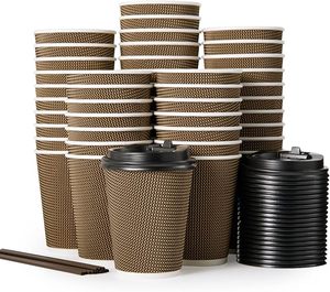 10oz 12oz 16oz Einweg-Pappbecher Kaffeebecher mit Deckel Rührstäbchen Dreischichtige Isolierte Gewellte Kraftpapier-Becher - Product Image 1