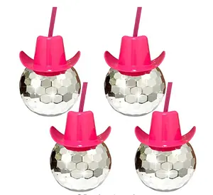 Koi 20 OZ cangkir bola disko modis, topi koboi bola disko merah muda dengan sedotan untuk Hari Natal pesta Halloween dapat digunakan kembali dan dapat dilepas