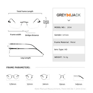 Montures de lunettes sans monture Greyjack, rectangulaires, pour hommes, monture en métal légère, verres en acrylique, ME2034, origine Wenzhou - Product Image 5