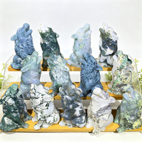 Figurine de loup hurlant en agate mousse naturelle, sculptée à la main, sculpture de loup en cristal, pierre de guérison, statue animale, décoration d'intérieur, cadeau artisanal
