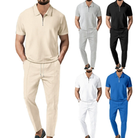 Ensemble de pantalon et t-shirt décontracté deux pièces pour homme, couleur unie, manches courtes, avec fermeture éclair et revers, haute qualité, mode estivale