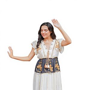 Vestido Midi Bohemio Estampado para Mujer con Detalles Florales Tribales, Cintura Natural, Ecológico, para Uso Casual o de Resort - Product Image 1