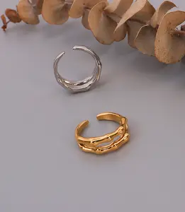 Joyería de moda con personalidad de acero inoxidable para mujer, oro de 18 quilates, doble bambú abierto, anillos de joyería