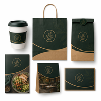 Kit de Branding Personnalisé 5 Pièces pour Restaurant : Manchons de Tasses, Sacs, Cartes de Menu, Marqueurs de Table, Cartes de Remerciement pour la Restauration Complète