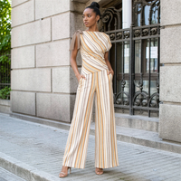 Ensemble pantalon deux pièces personnalisé pour femme, imprimé numérique à rayures, style vintage, avec détails nœud sur l'épaule, haut sans manches et pantalon large, OEM ODM