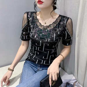 Nuova Maglietta da <span class=keywords><strong>Donna</strong></span> con Design Floreale, Strass e Paillettes Lucide, Top Aderente in <span class=keywords><strong>Maglia</strong></span> a Maniche Corte per Feste e Discoteca - Product Image 4