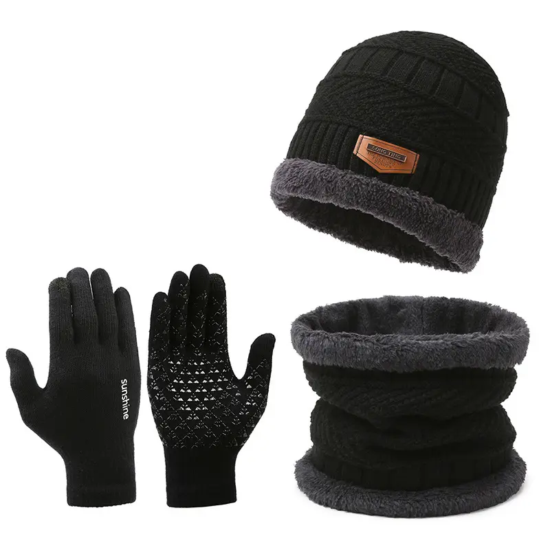 Nam Mùa Đông khăn, găng tay và mũ ba mảnh thiết lập với lông cừu lót ấm mùa đông dệt kim mũ