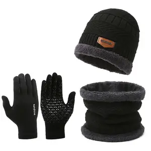 Men's winter scarf, gloves and hat three-piece set with fleece lining warm winter knitted hat