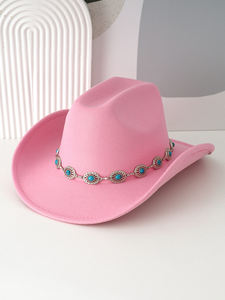 Sombrero de Vaquero de Fieltro de Moda Chic con Cinturón de Piedras Turquesas, Sombreros de Vaquero del Oeste para Mujer - Product Image 5