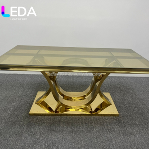 Table de banquet rectangulaire en verre trempé LEDA, luxe moderne, or, écologique, durable, pour mariage, hôtel, événements en plein air - Product Image 6