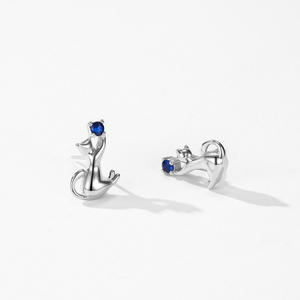 Boucles d'oreilles personnalisables en cuivre, série animale, en argent sterling S925, zircon bleu royal taille ronde, motif chaton mignon pour femme - Product Image 6