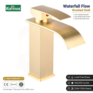Brushed Gold Waterfall <b>Basin</b> Faucet <b>Single</b> Handle Solid Brass <b>Single</b> Hole Deck Mount Bathroom Sink Mixer <b>Tap</b> - Product Image 1