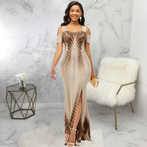 <span class=keywords><strong>Robe</strong></span> élégante à design <span class=keywords><strong>Robe</strong></span> sexy à impression numérique à la mode <span class=keywords><strong>Robe</strong></span> longue de soirée à épaules dénudées pour filles - Product Image 3