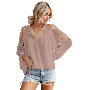 Yeni seksi See-through v yaka şifon bluz gömlek dantel uzun kollu Casual kadınlar için bluzlar Tops - Product Image 6