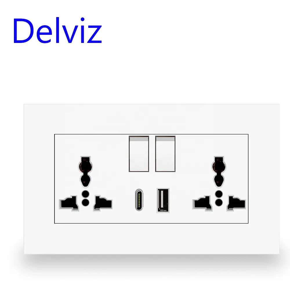 Delviz 13A Internacional Universal Dupla Tomada De Energia, controle do Interruptor, 5V 2100mA interface de saída, 2A Porta USB do Tipo C Tomada de Parede