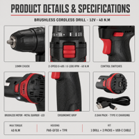 Perceuse électrique professionnelle 12V à vitesse variable avec moteur sans balais, 2 réglages de vitesse, perceuse et ensemble de perceuses sans fil pour le travail du bois