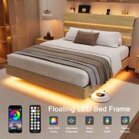 Cadre de lit Queen Size avec LED et station de charge, tête de lit en bois robuste avec rangement et lattes métalliques pour hôtels et appartements