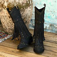 Bottes pour femmes mi-mollet en cuir PU, style western, à pampilles, bout large pointu, style européen et américain, automne-hiver