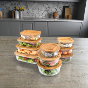 Caja de conservación de tapa de madera de bambú alto con horno de microondas de vidrio simple Fiambrera calentable segura Características MOQ bajo sin BPA - Product Image 2
