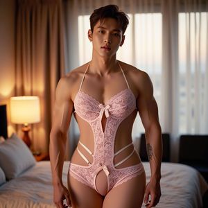 Lingerie érotique pour hommes, combinaison sexy en dentelle rose grande taille, ajourée et transparente avec entrejambe ouvert, tenue de travesti et de demoiselle d'honneur masculin - Product Image 3